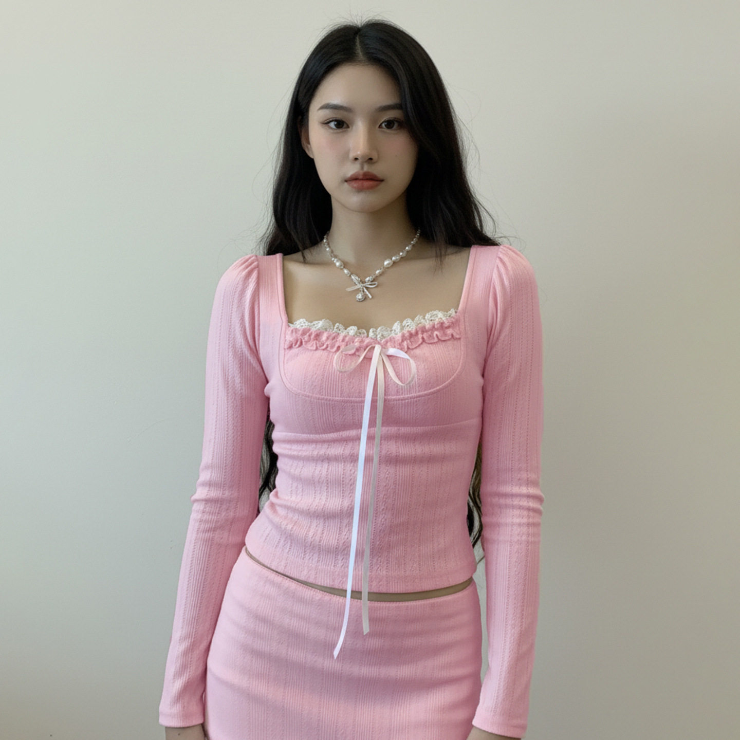 纯欲辣妹风方领芭比粉蝴蝶结系带长袖T恤小香风收腰百搭露脐上衣