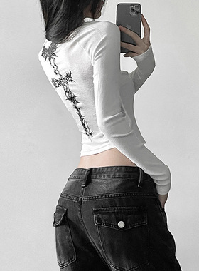 欧美风2025秋季新款女装时尚印花长袖辣妹修身内搭打底上衣