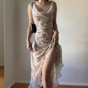 小清新碎花撞色荡领气质网纱拼接无袖收腰显瘦背心连衣裙长款2025