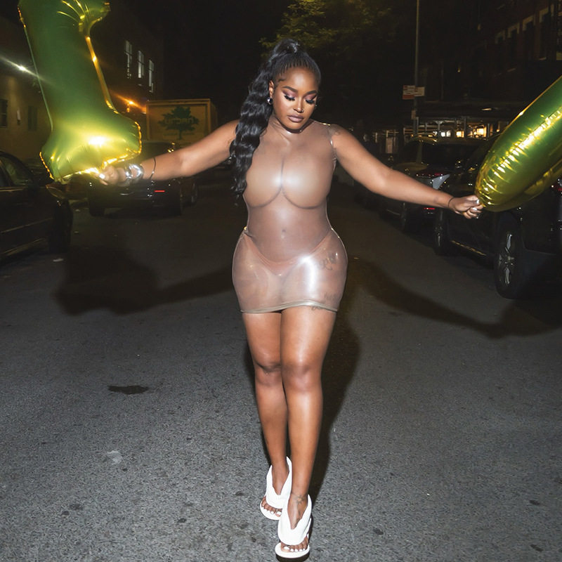 q25ds454女装欧美性感辣妹修身纯色无袖透视连衣裙