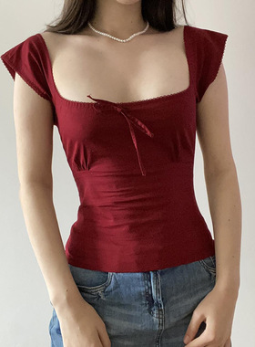 欧美新款女装温柔风红色系带方领显瘦短袖t恤女小飞袖收腰上衣