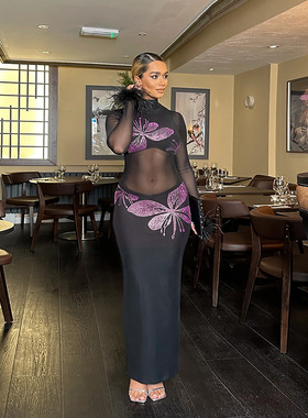 cf24457欧美风花灰烫钻连衣裙 2025春季新款性感透视包臀长裙