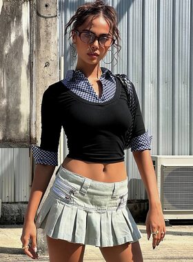 欧美女装2025秋季新品时尚格子拼接polo领长袖上衣女显瘦百搭T恤