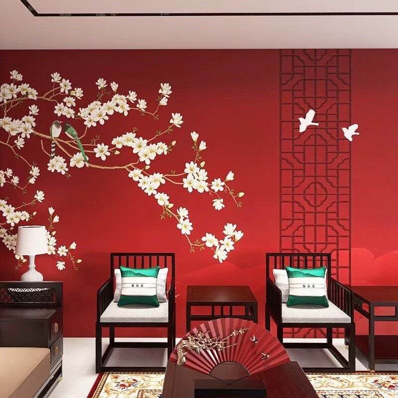 新中式红色竹子背景墙壁纸大气客厅壁布壁画中国风竹林定制墙布