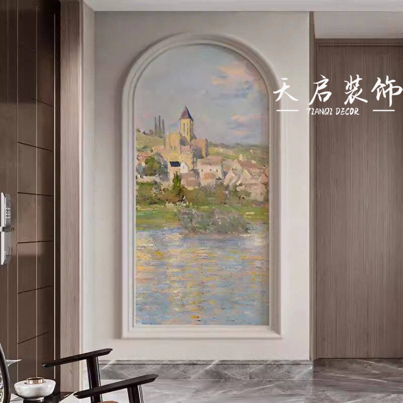 现代法式入户玄关装饰画轻奢竖版拱形走廊过道莫奈风景壁画3d壁纸