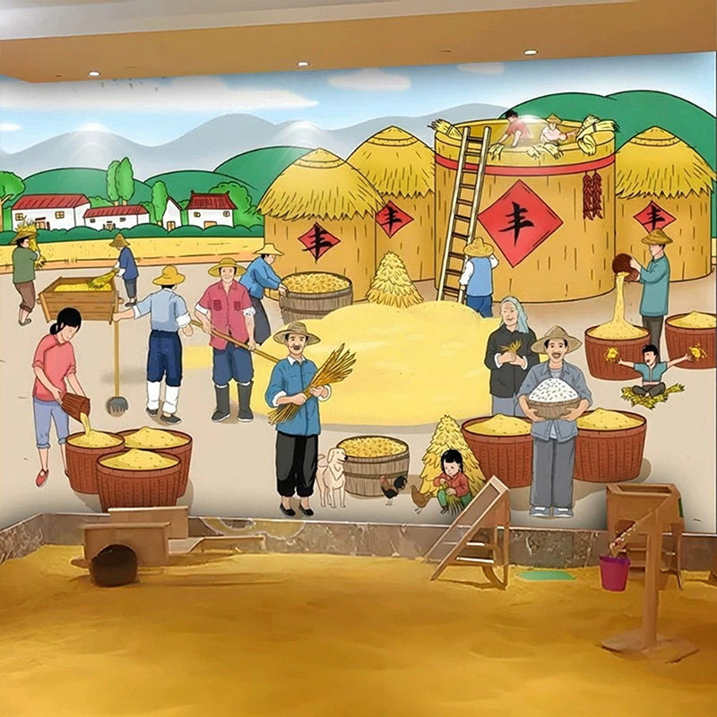 打谷场墙纸农民打粮食插画室内游乐场丰收稻田背景壁布3D粮仓壁纸