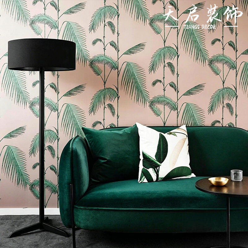 现代简约英式风格PalmJungle粉色棕榈叶墙纸轻奢客厅卧室背景壁纸