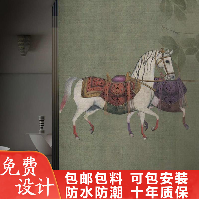 经典做旧别墅酒店会所定制墙布壁画中古风白马卧室床头背景墙壁纸图片