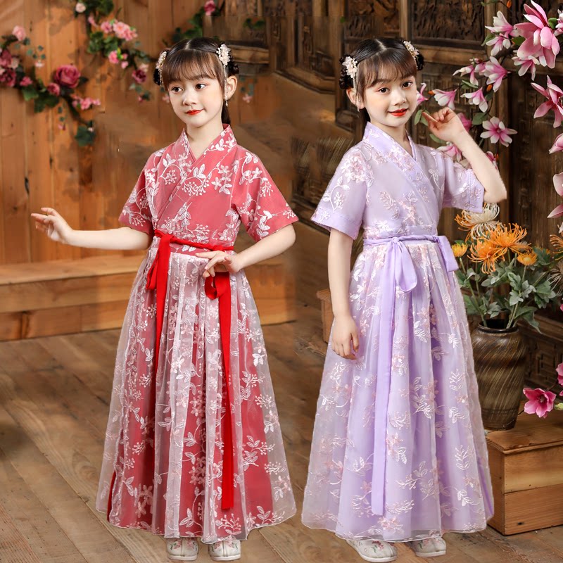 半生雪胭脂妆桃花笑萱草花儿童舞蹈演出服画一路生花兰花草声声慢