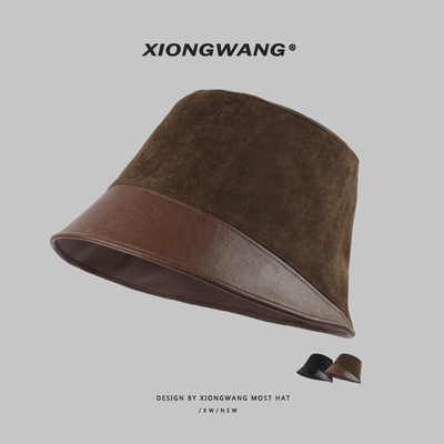 中古风翻毛皮拼接pu皮复古渔夫帽