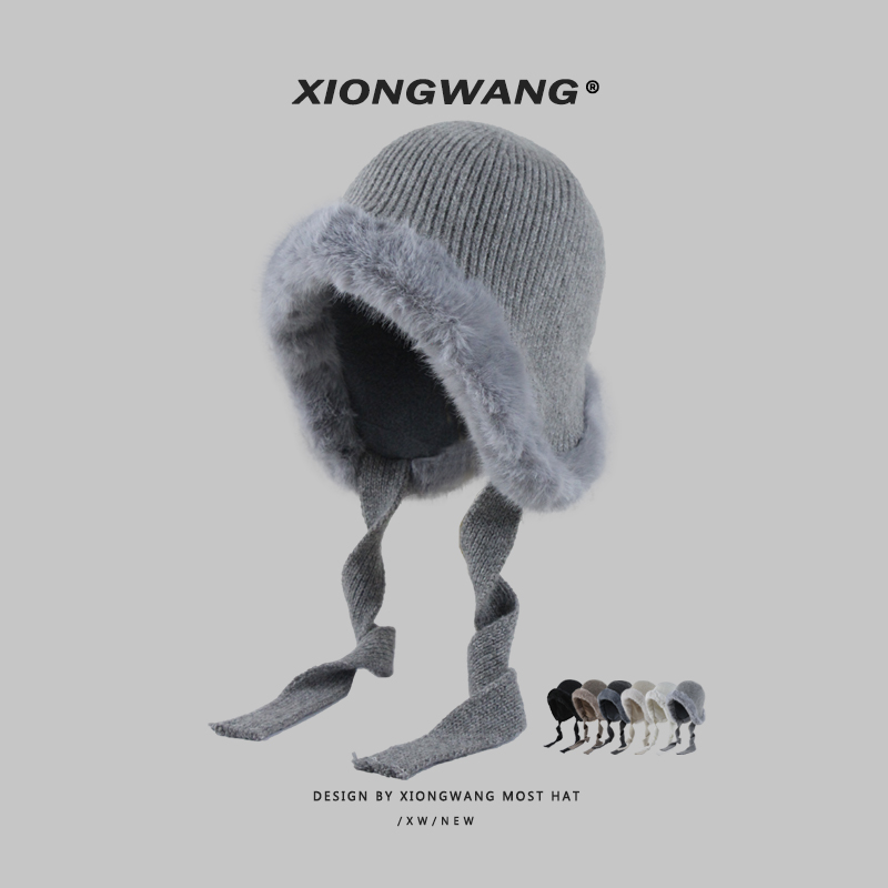 兔毛加绒针织护耳帽女洋气冬帽