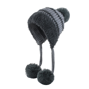 秋冬针织保暖加绒加厚护耳帽女可爱毛球系绳雷锋帽毛绒绒套头帽子