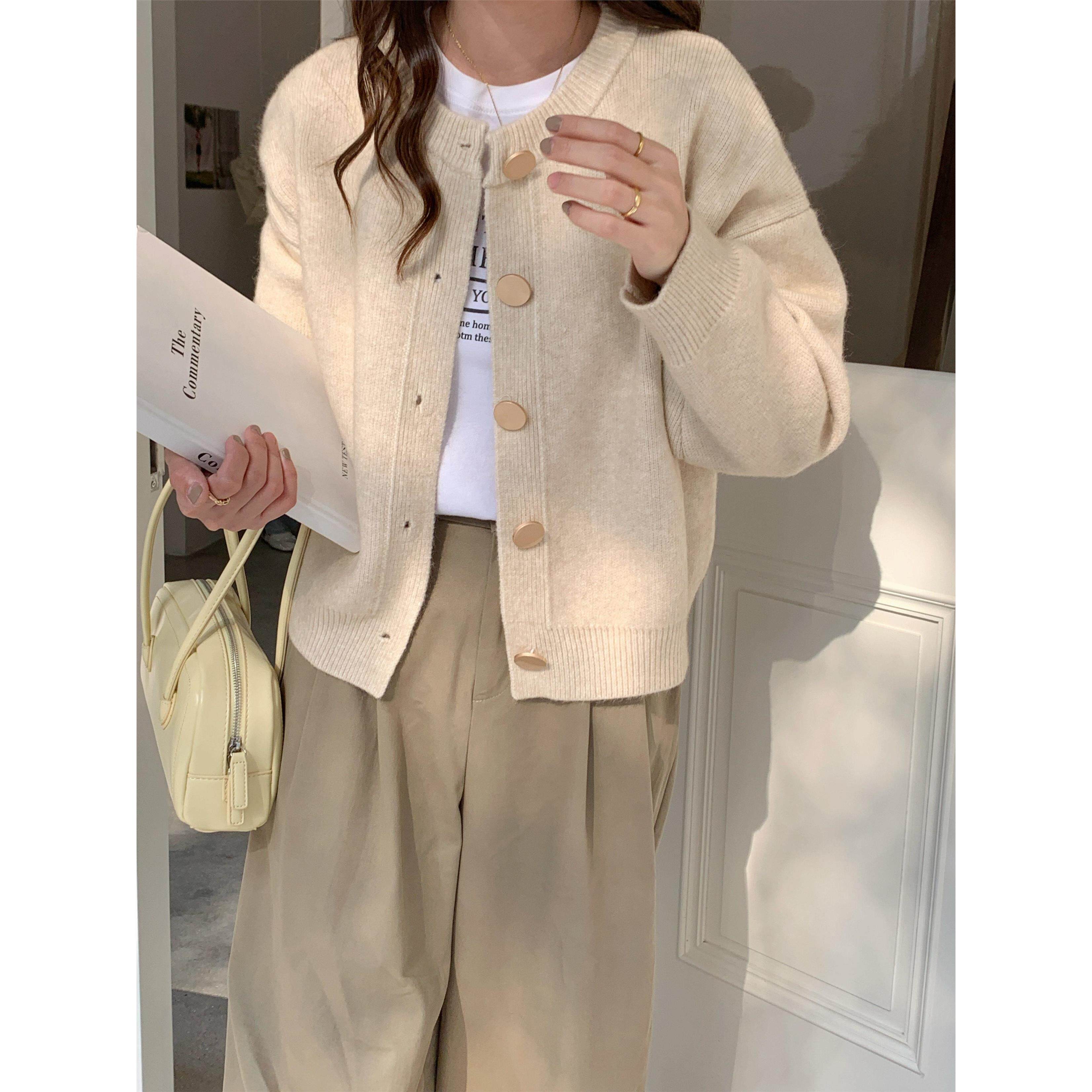 花杏温柔风毛衣开衫女2025秋冬新款韩版宽松纯色针织外套百搭上衣