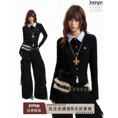 美式黑色麻花polo领假两