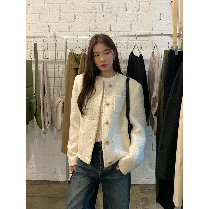 Halo Luu 法式千金白色小香风外套女春季设计感羊毛编织夹棉上衣