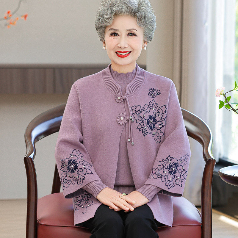 新款中老年人女装秋季针织两件套老太太奶奶衣服老人春秋毛衣外套