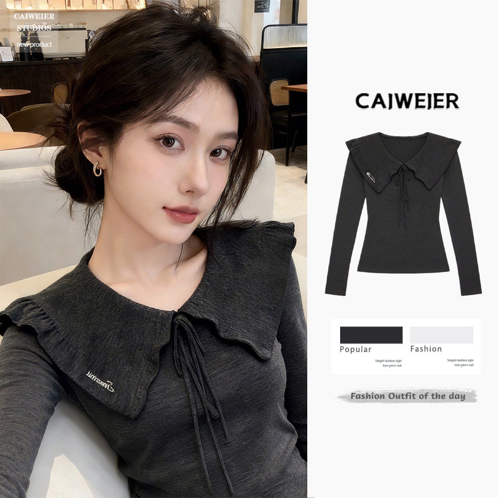 灰色v型翻领蝴蝶结系带修身长袖T恤内搭打底衫女春季韩系穿搭上衣