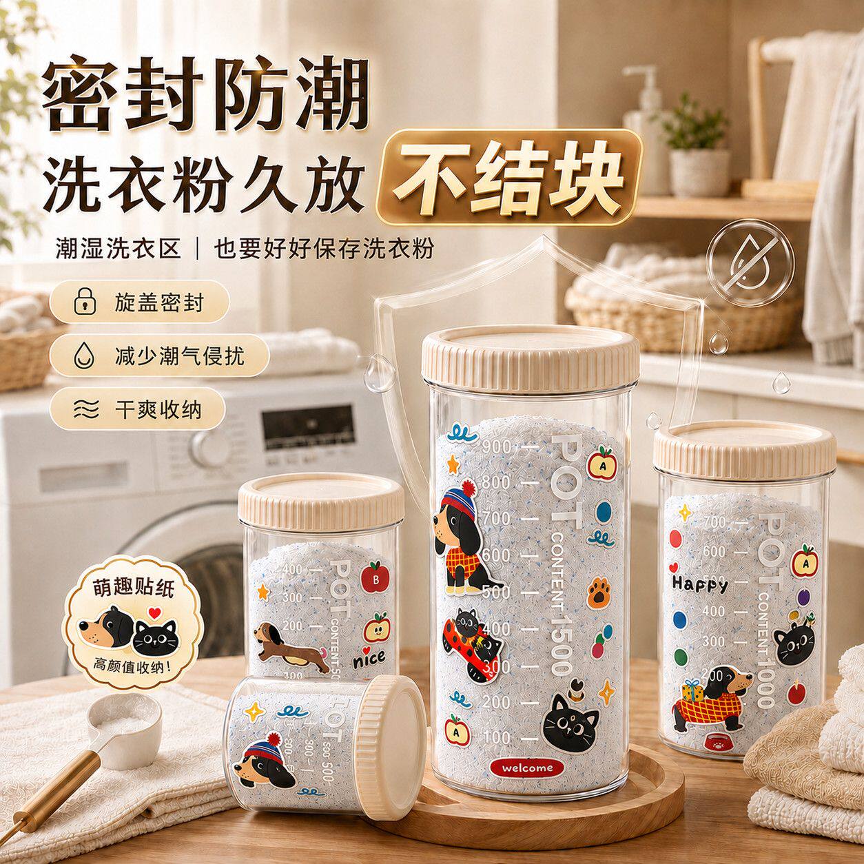 密封防潮洗衣粉收纳罐持久保鲜不结块高颜值卡通设计实用又美观