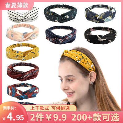春夏波西米亚风雪纺女士松紧减龄交叉发带学生头带波点条纹束发带