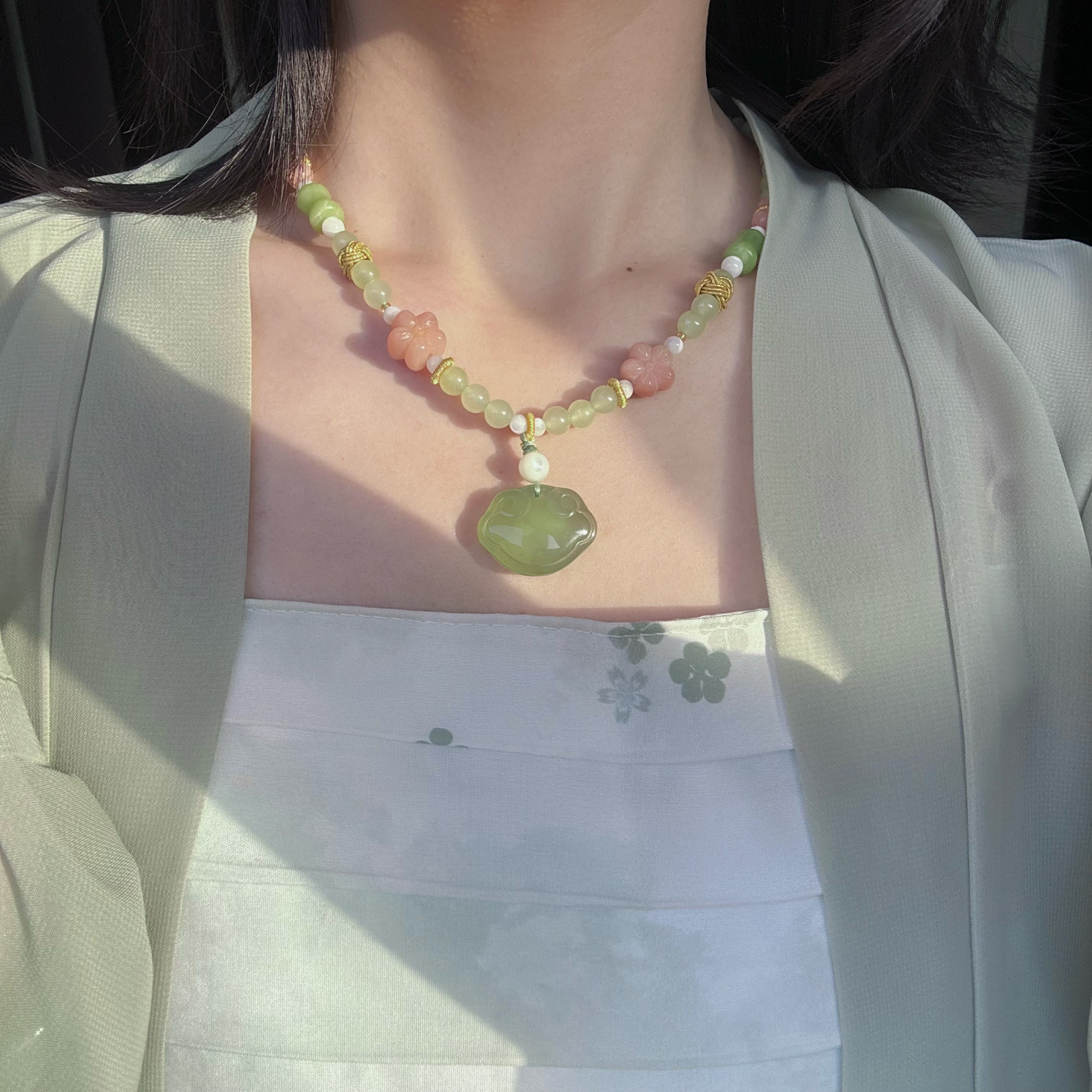 国风汉服岫玉宝宝锁无金属不掉色夏季璎珞锁骨链古风项链可调节女