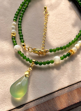 国风岫玉水滴碧玉色锁骨链精致百搭日常汉服新中式配饰璎珞项链女