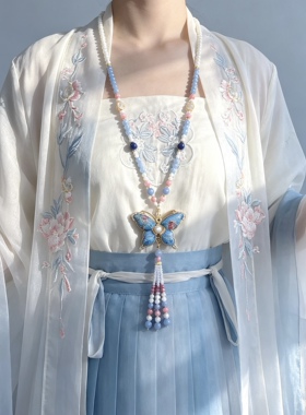 国风蓝粉宋锦提花刺绣璎珞项链双背云汉服旗袍马面裙淡雅项链配饰