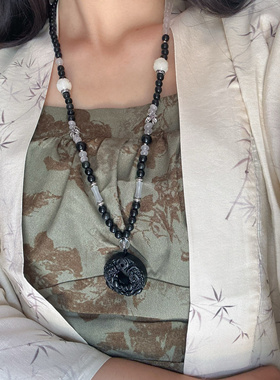 水墨新中式黑色貔貅璎珞项链禅意黑白复古中式汉服马面裙项链配饰