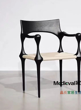 中古实木餐椅高靠背法式餐椅设计师艺术创意简约编藤黑色复古餐椅