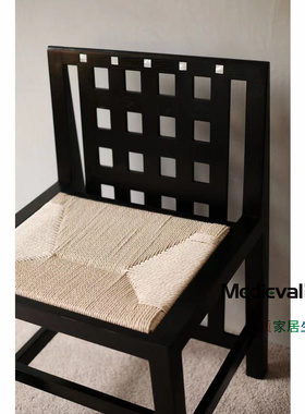 中古艺术靠背椅子黑色设计师餐椅网格子靠背书房椅复古扶手家用椅