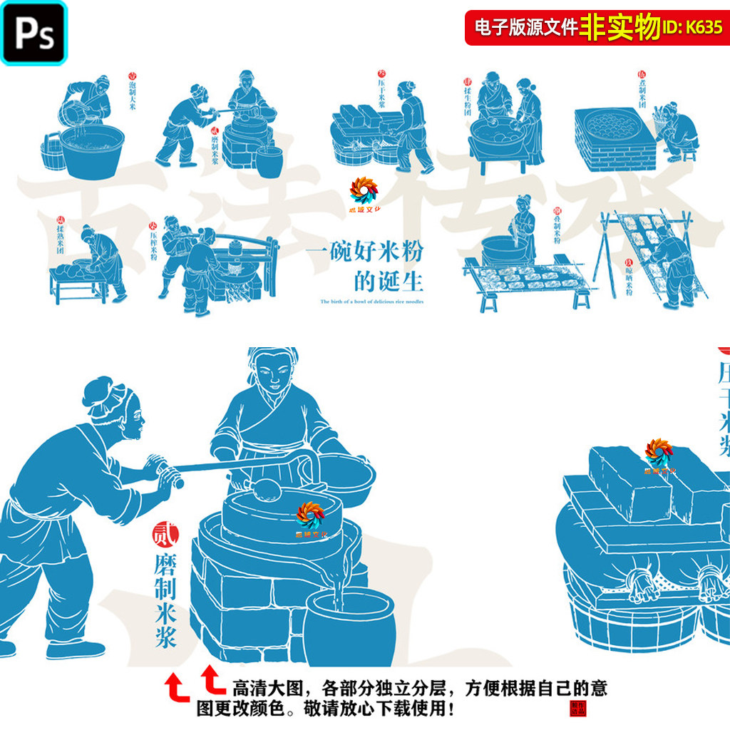 米粉手工制作流程图传统米粉制作工艺图手绘插画古法米粉工艺素材