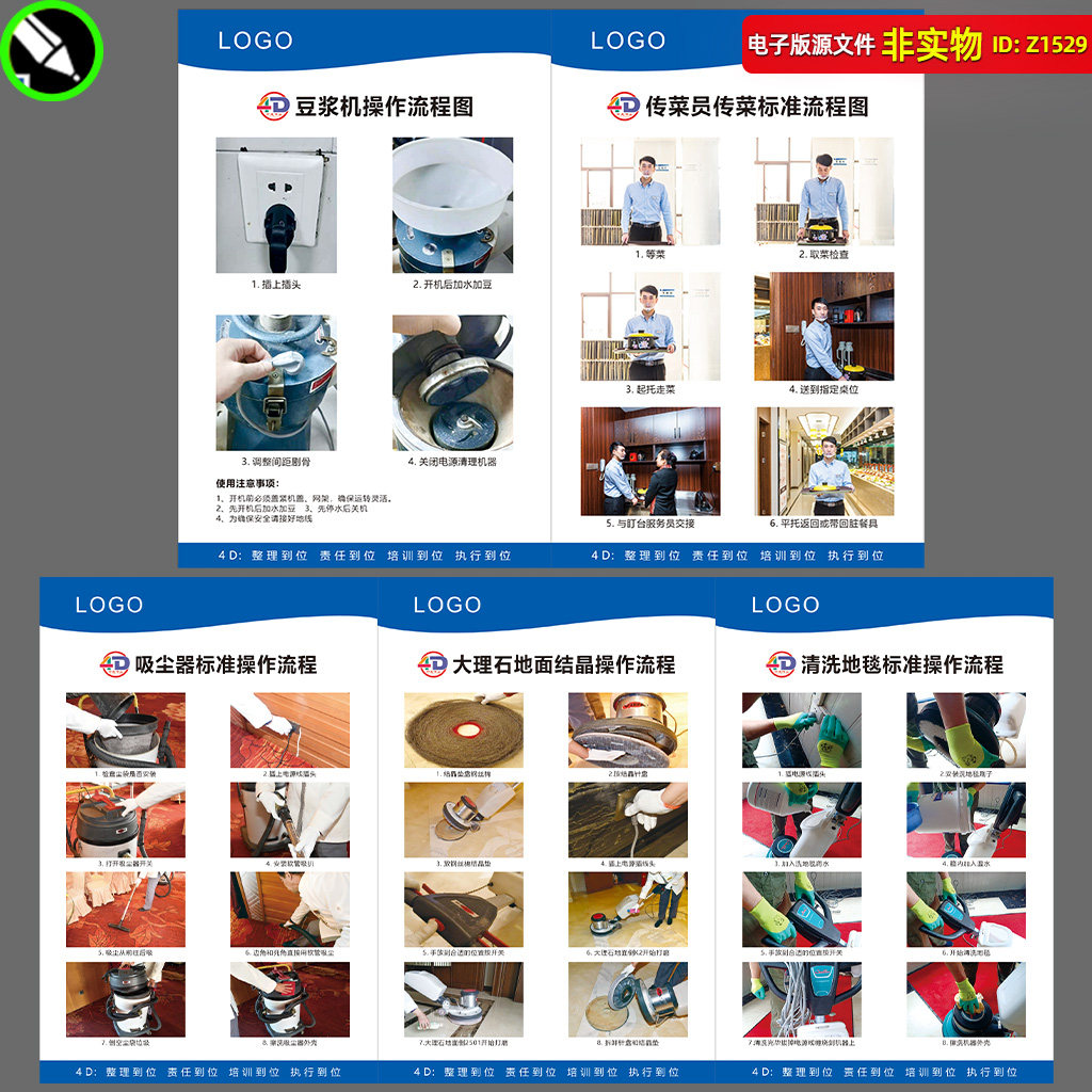 餐饮门店4D厨房管理展板豆浆机吸尘器大理石清洗地毯流程CDR素材