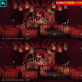 红黑色婚礼主舞台红金婚礼效果图迎宾区布置舞台背景布置PSD素材