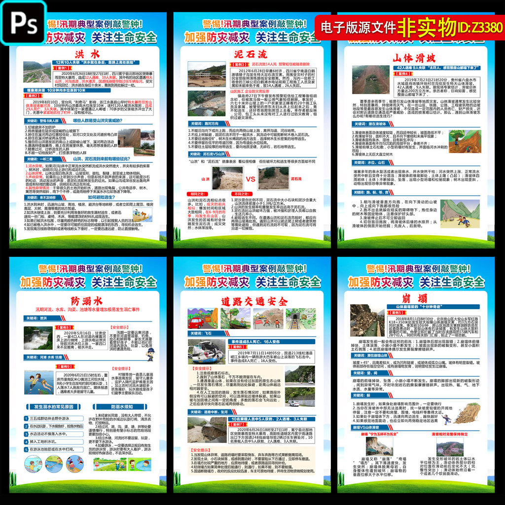 防灾减灾展板挂图海报预防自然灾害洪水泥石流山体滑坡崩塌PS素材
