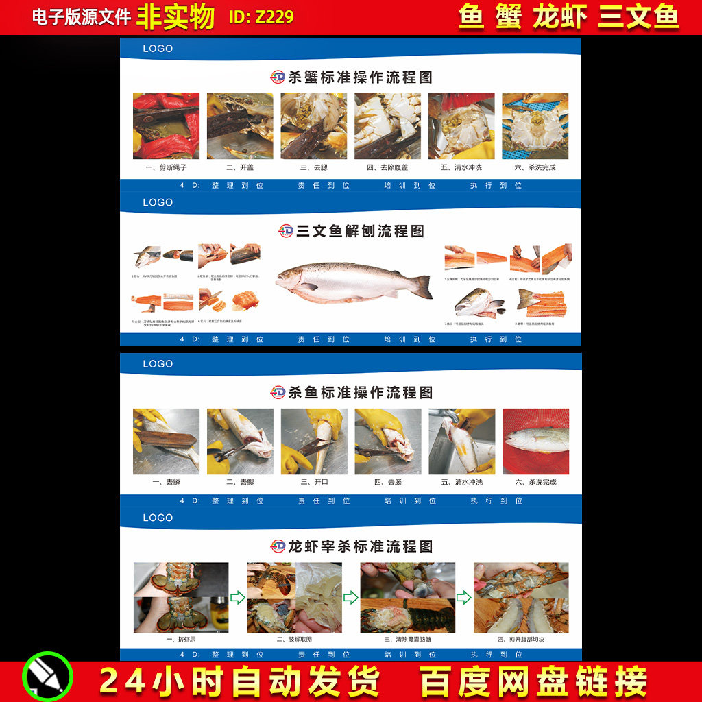 4D厨房水产品杀鱼杀蟹标准龙虾宰杀标准三文鱼宰杀标准流程图素材