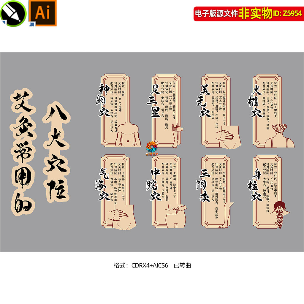 艾灸常用的八大穴位形态展示图文化墙展板中医养生馆装饰画素材