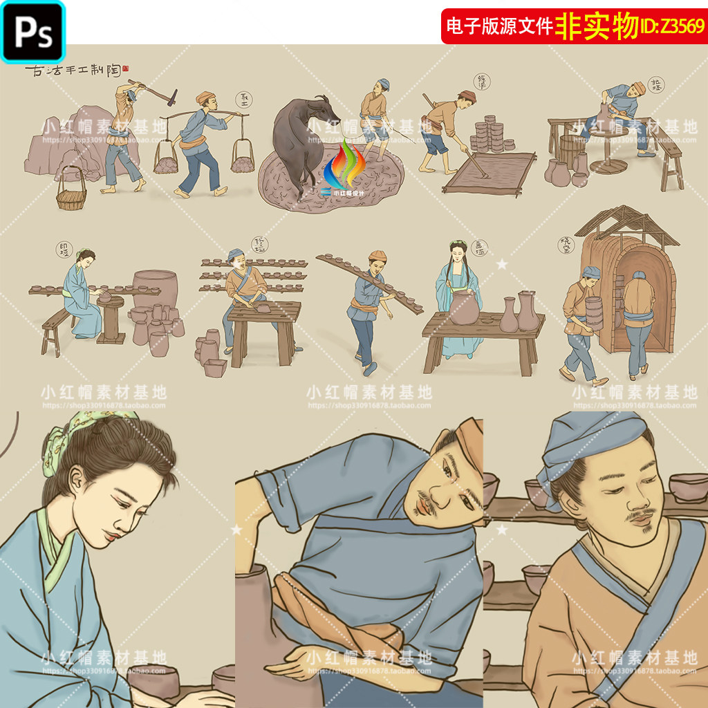 古法制陶瓷工艺流程图修坯烧窑古代人物土陶制作工艺图装饰画素材
