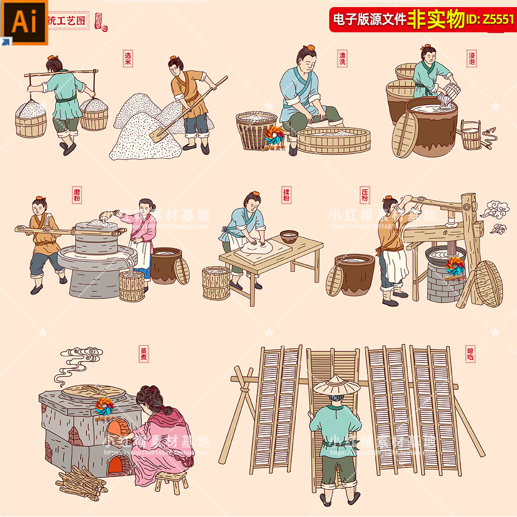传统手工米粉制作工艺流程图米线制作步骤古代人物插画壁画AI素材