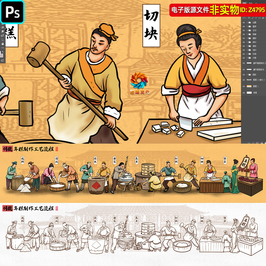 传统打糕制作流程古法年糕制作工艺流程图古人打年糕包装插画素材