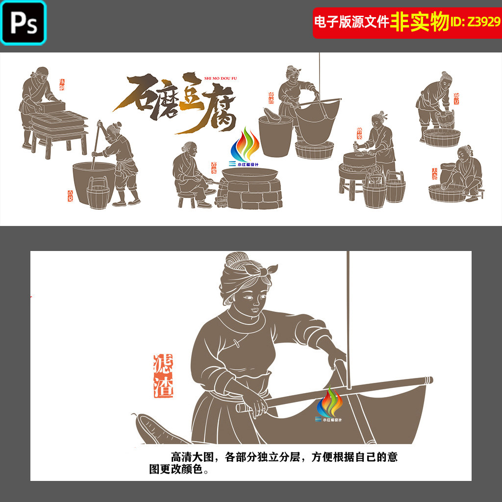 版画风格豆腐制作工艺流程图背景墙装饰画传统石磨豆腐插画PS素材