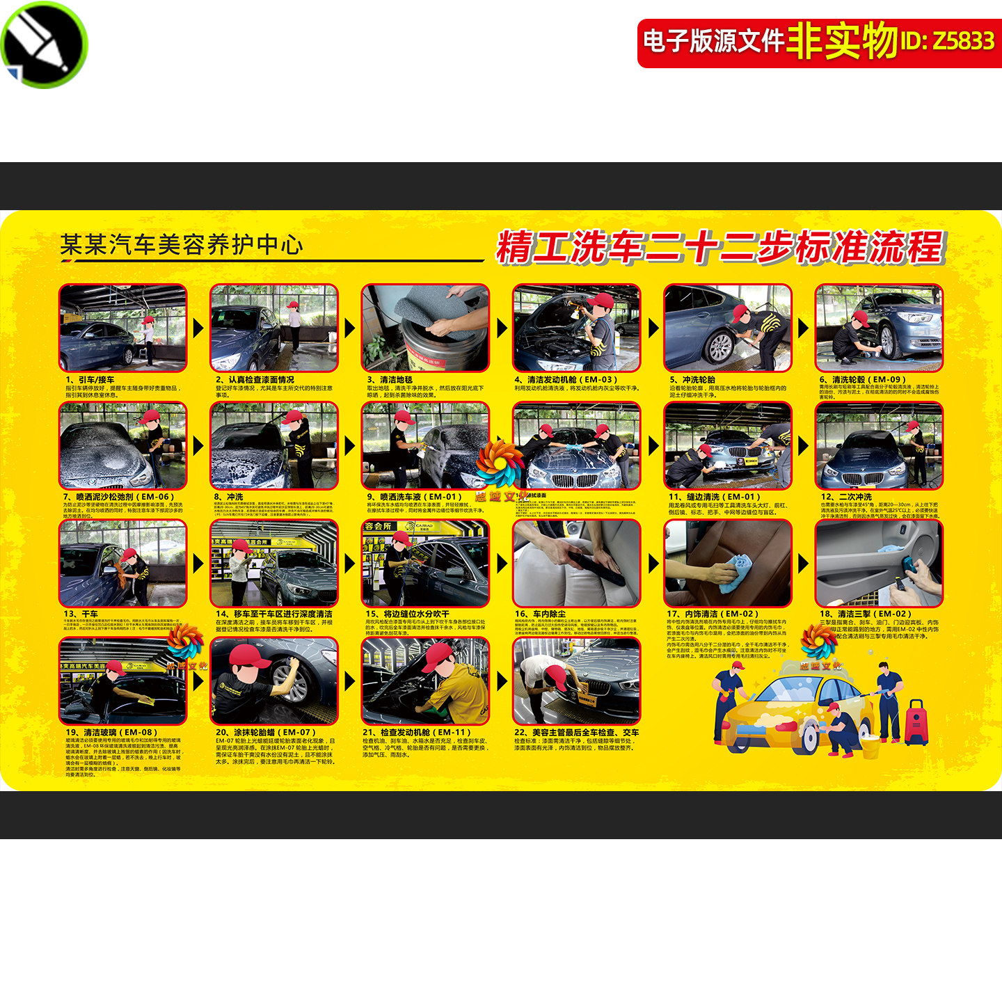 精工洗车二十二步骤标准流程图汽车美容中心挂图挂画文化墙素材