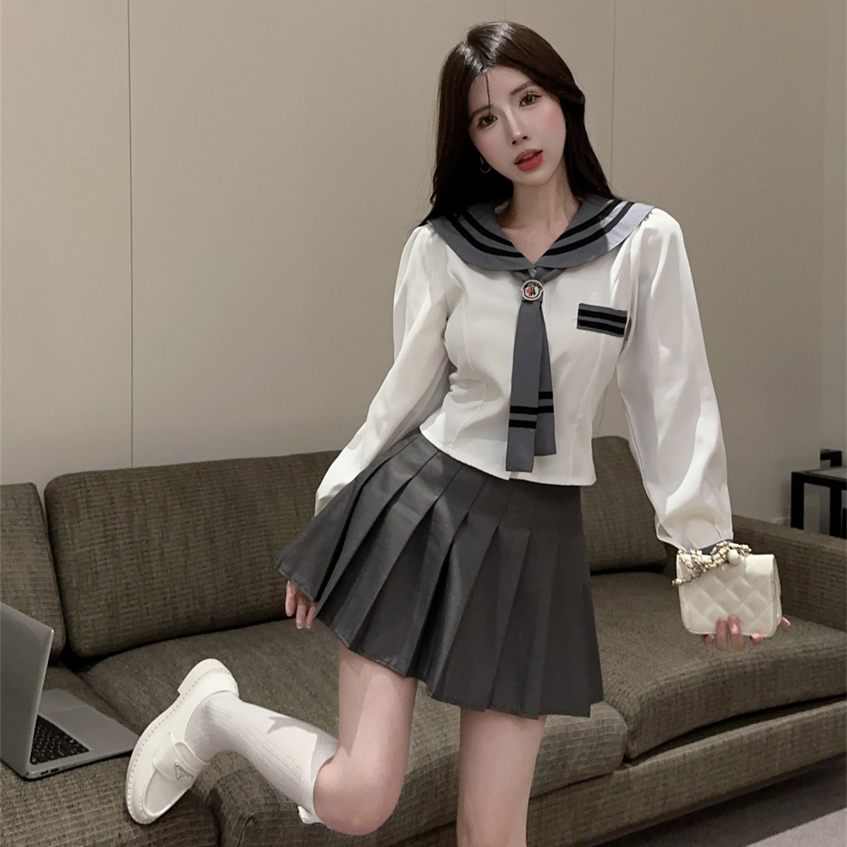 jk制服学院风套装女海军领长袖衬衫上衣甜美高腰百褶短两件套早秋