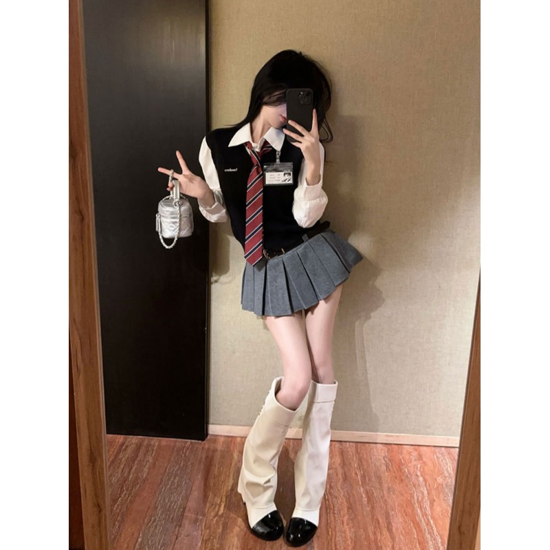 学院风韩系套装女刺绣马甲叠穿衬衫高腰百褶短裙JK制服三件套秋冬