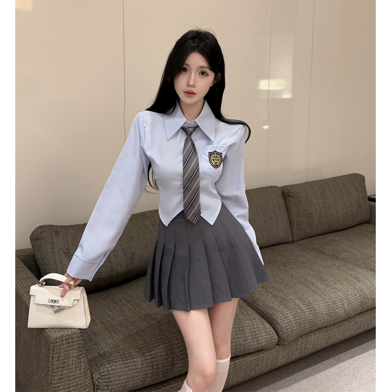 学院风套装蓝色短款长袖衬衫上衣高腰百褶半身裙jk制服两件套女秋
