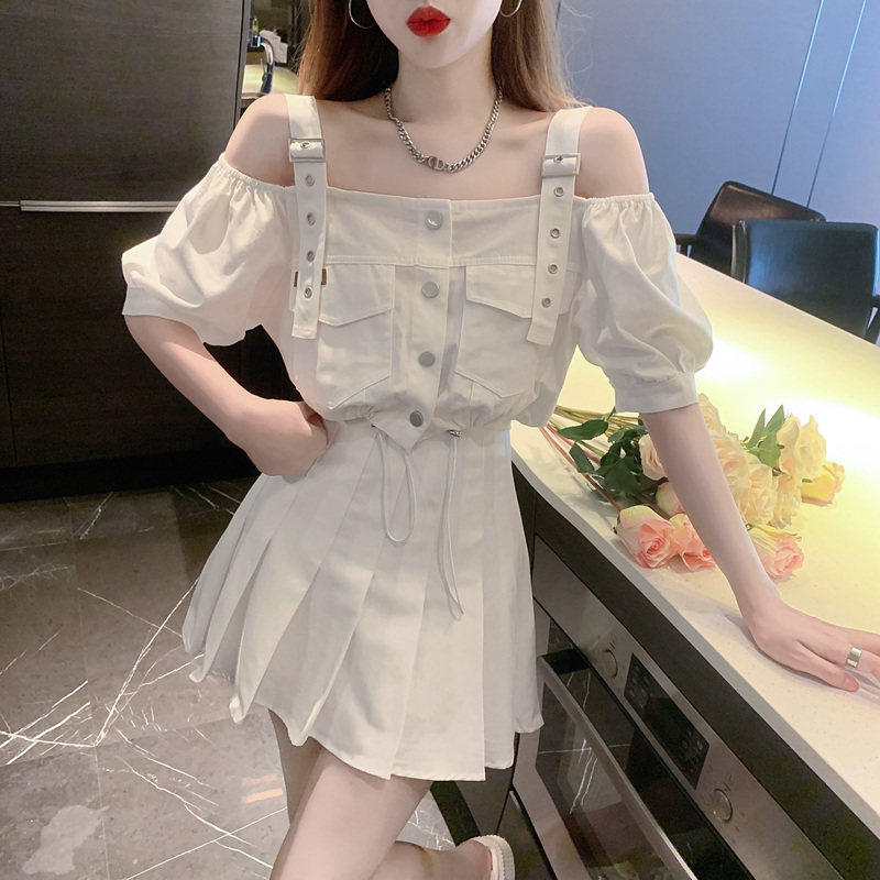 网红两件套一字肩上衣吊带短款露肩衬衫高腰百褶半身裙套装女夏