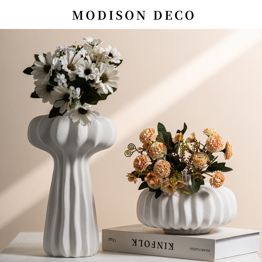 MODISON创意白色南瓜造型插花瓶素烧大肚陶瓷摆件轻奢装修饰品