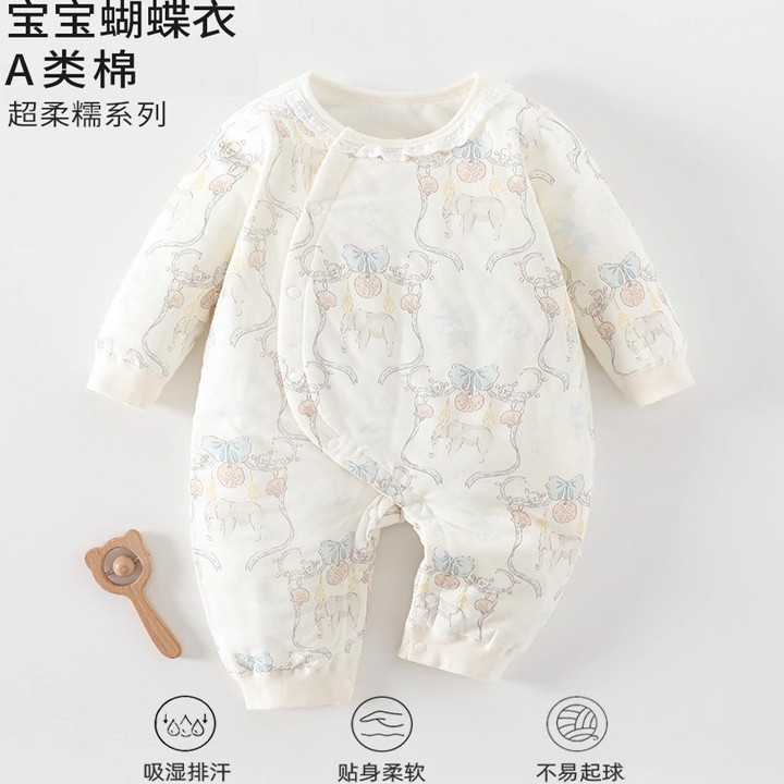 婧麒新生婴幼儿夹棉连体衣秋冬季小月龄宝宝衣服保暖冬外出哈衣服