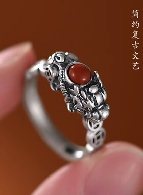 泰银貔貅戒指男女士款复古民族风小众设计指环可调节