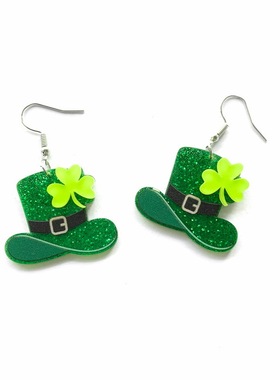 X72欧美圣帕克节Patrick day绿色四叶草幸运草魔术帽耳环2022新款
