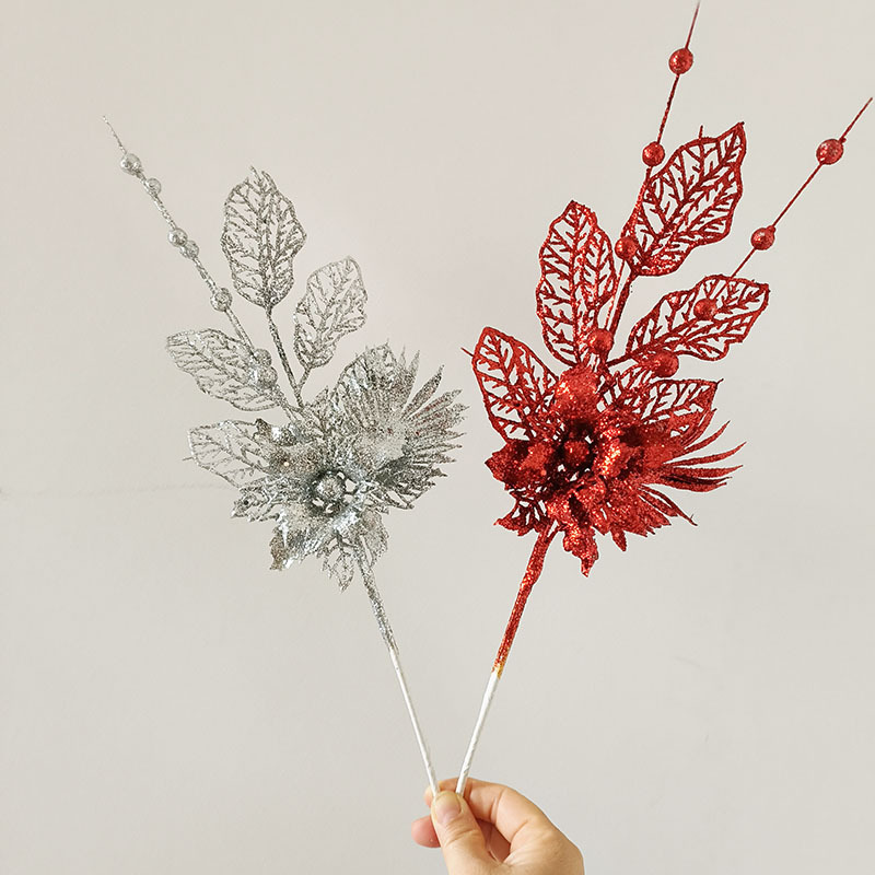 圣诞装饰金粉百合花组合装饰树枝圣诞树插件气氛用品仿真树枝浆果