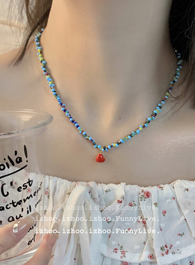 蓝色串珠红色爱心项链配饰女设计